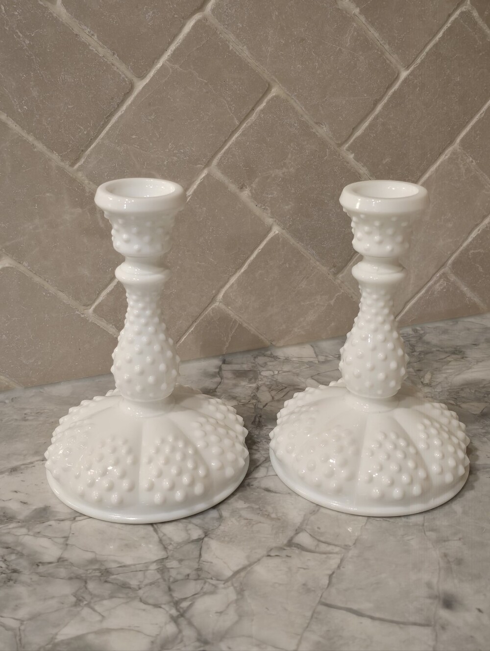 Vintage Fenton Art Glass White Milkglass Hobnail Candlestick Pair Candle Holders